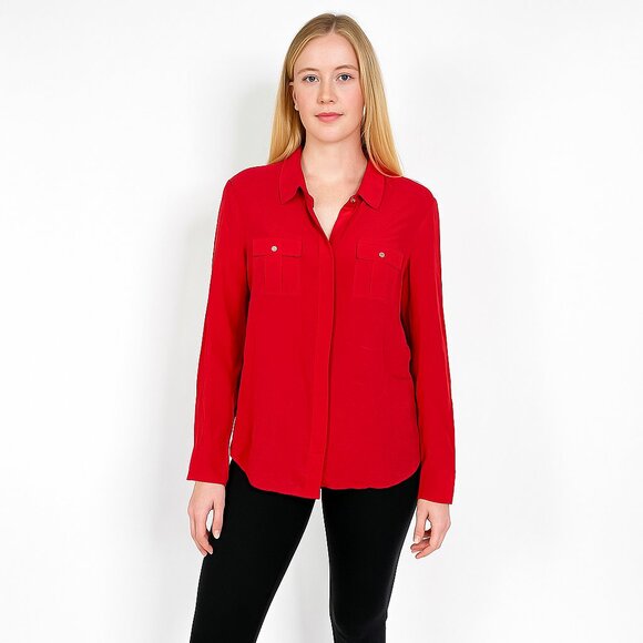 White House Black Market Tops - 2/$30 White House Black Market Silk Button-Down Shirt Flap Pockets Red 12 #A0689